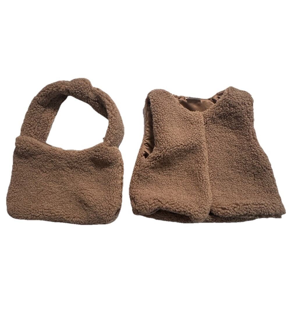 Miss Girls 3Y Teddy Fleece Vest & Matching Handbag Set Brown Sherpa